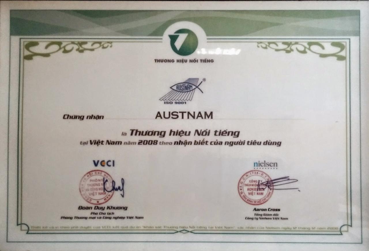 Chứng nhận Thương hiệu nổi tiếng dành cho Công ty Austnam Chứng nhận Thương hiệu nổi tiếng dành cho Công ty Austnam